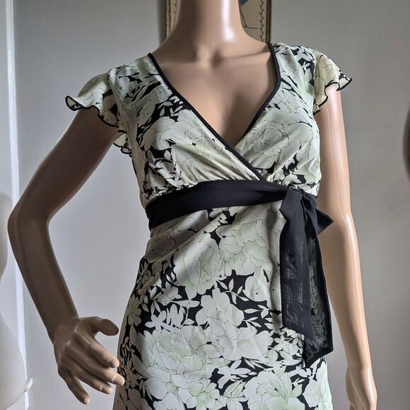 Vintage Y2K Speechless Wrap Dress Green Floral Midi Bow Summer Jrs Size 7 - Picture 10 of 12